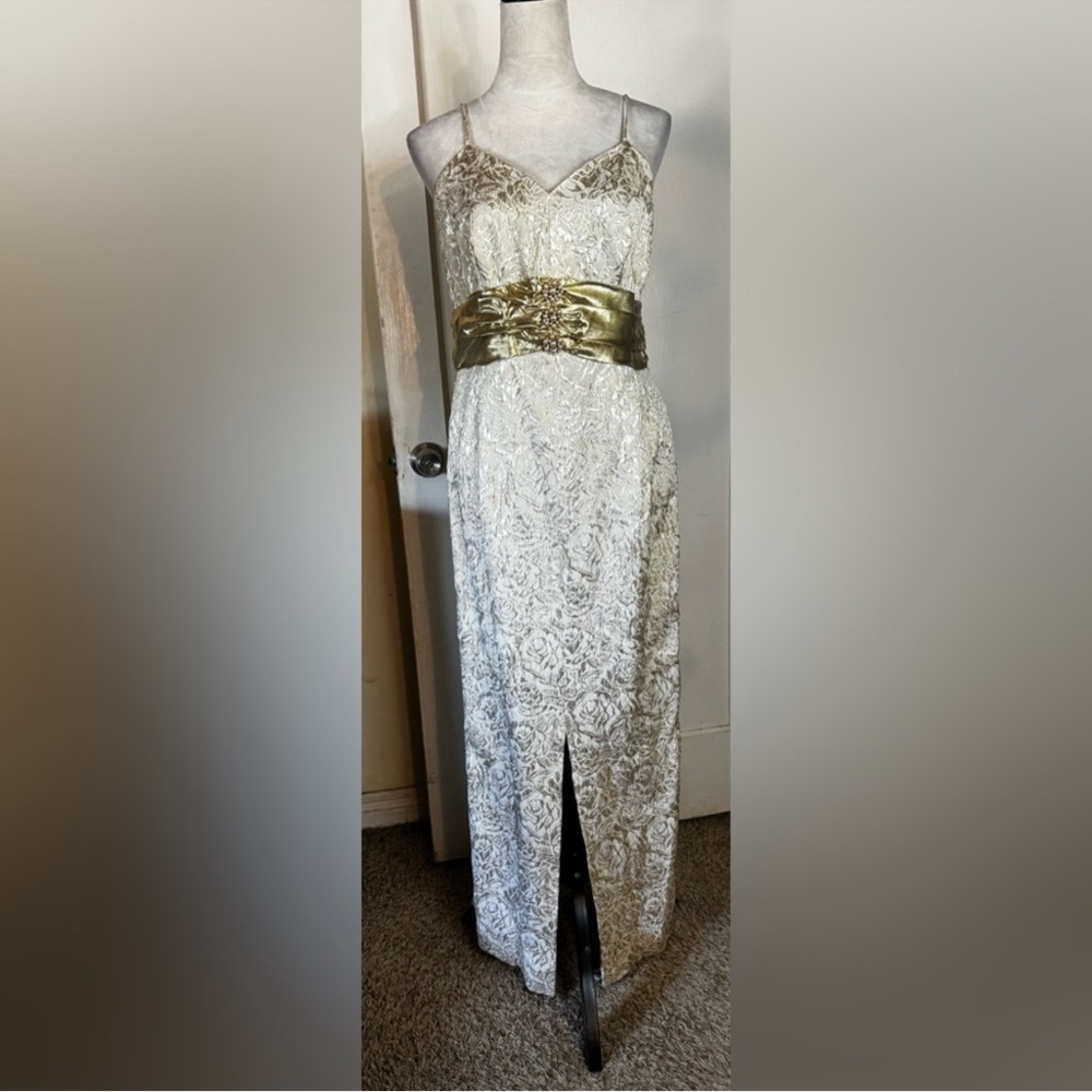 Vintage 80’s Karen Lawrence Evening Dress Gold Foil Floral W/Matching Blazer